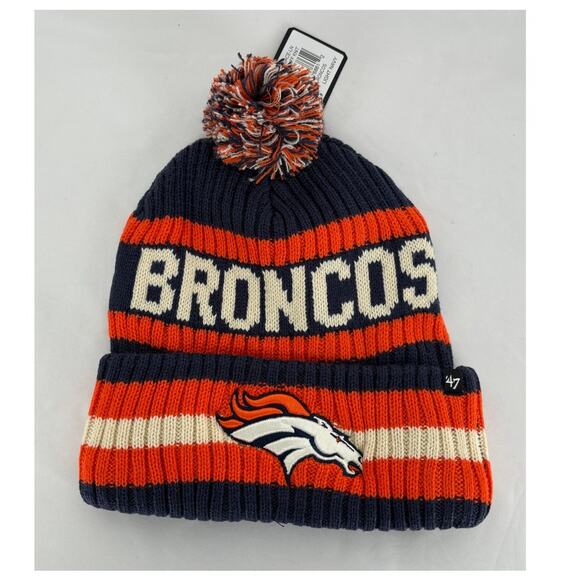 '47 Brand Denver Broncos NFL Striped Cuffed Knit Beanie Hat Pom One Size New - Picture 1 of 7